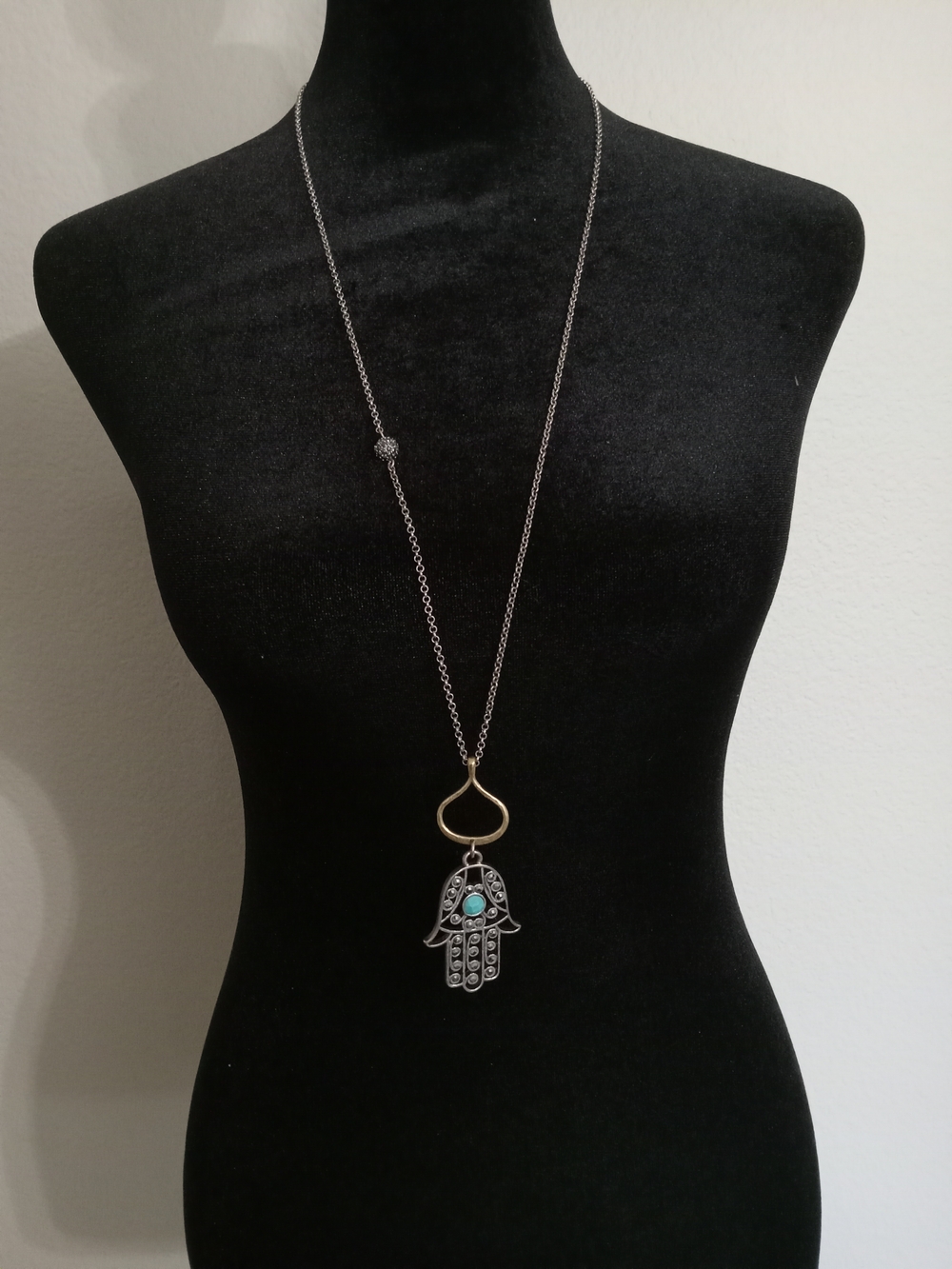 Lucky Brand Silver-Tone Hamsa Necklace with Turquoise Accent